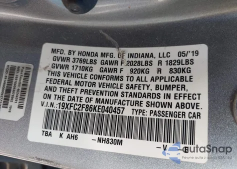 2019 Honda Civic Sport z USA, uszkodzony, nr VIN 19XFC2F86KE040457